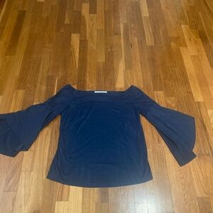 Sara Campbell Navy Bell Sleeve Blouse Faux suede off shoulder